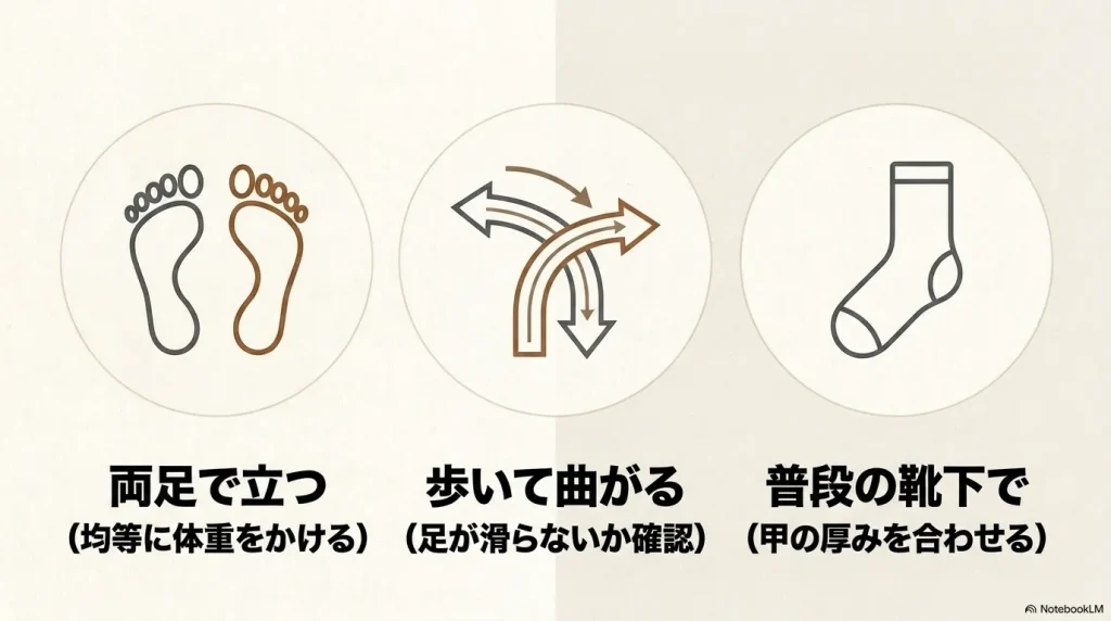 試着時は両足で立ち、歩いて曲がる動作で滑りを確認し、普段履く靴下で甲の厚みを合わせることを促すイラスト