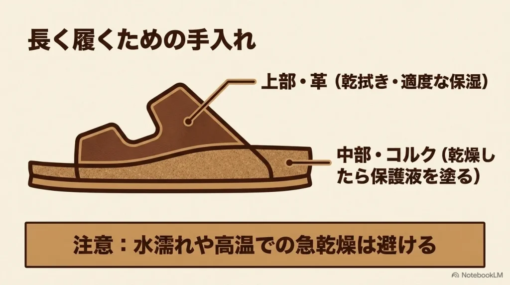 アッパー革の乾拭きや保湿、コルクの保護、水濡れや高温乾燥を避けるなどビルケンシュトックを長く履くための手入れの基本