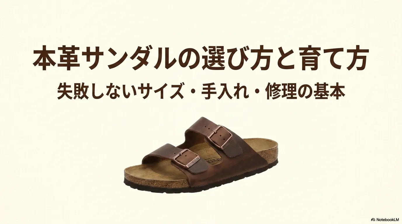 ビルケンシュトック本革レザーサンダルの選び方と育て方、失敗しないサイズ・手入れ・修理の基本を解説したタイトルスライド