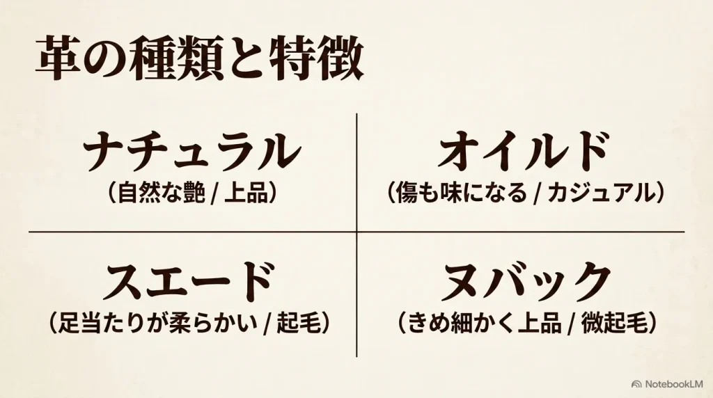 ナチュラル、オイルド、スエード、ヌバックなどビルケンシュトックに使用される革の種類ごとの見た目と足当たりの特徴