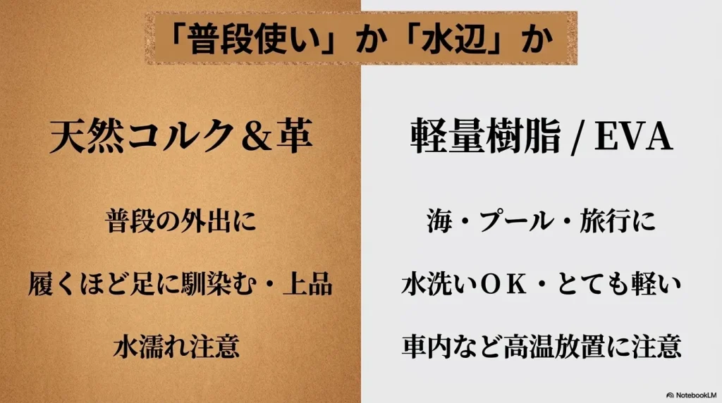 天然コルクや革素材（普段使い向け）と、軽量樹脂のEVA素材（水辺や旅行向け）の特徴とおすすめ用途の比較