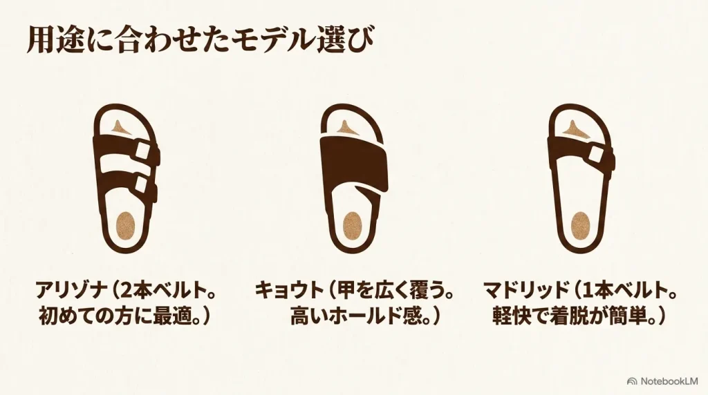 アリゾナ、キョウト、マドリッドなど、用途や求めるホールド感に合わせたビルケンシュトックのモデルの選び方