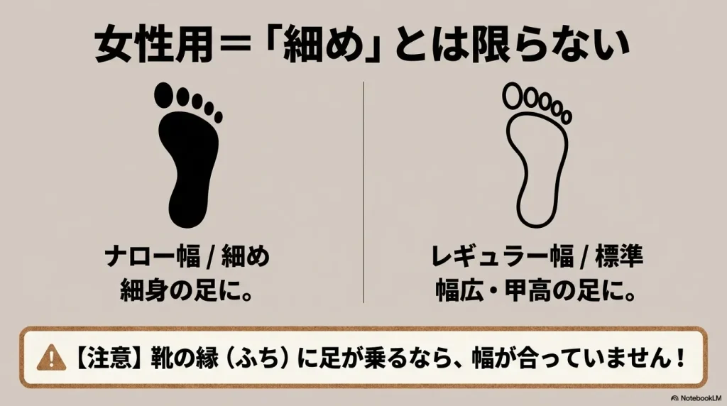 女性用イコール細め（ナロー幅）とは限らないことを説明する足幅の解説。フットベッドの縁に足が乗る場合は幅が合っていないという注意書き。