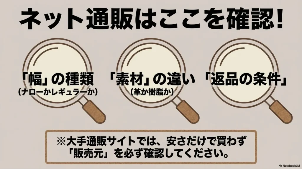 ナローかレギュラーか、革か樹脂か、販売元や返品条件など、ネット通販で購入する際の重要な確認項目