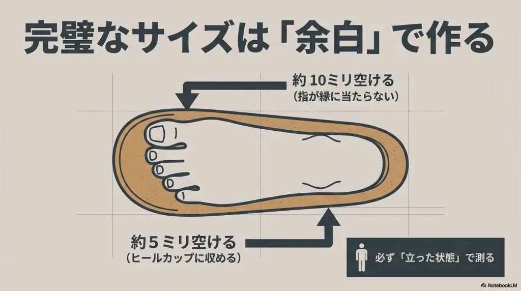 完璧なサイズは余白で作る（つま先約10ミリ、かかと約5ミリ空ける）