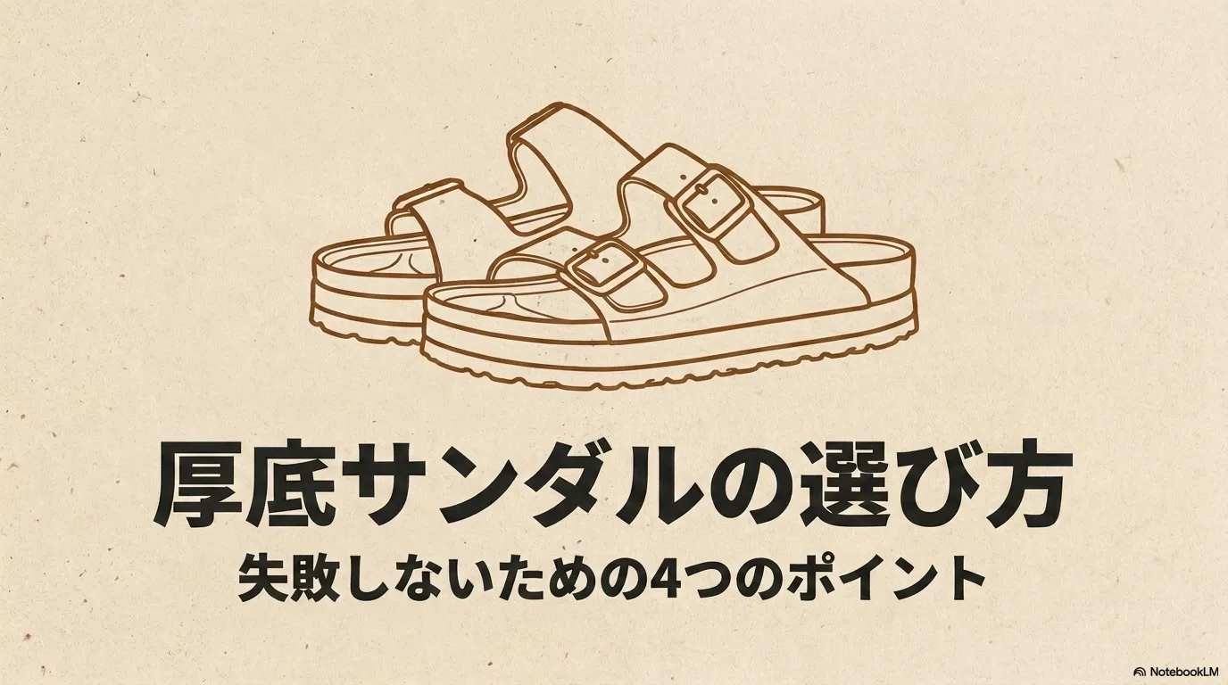 厚底サンダルの選び方 失敗しないための4つのポイントが書かれたタイトルスライド