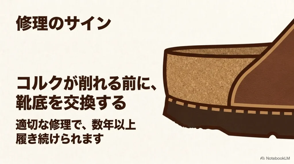 コルクが削れる前に靴底のソールを交換することで長く履き続けられるビルケンシュトックの修理のサイン