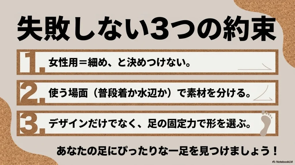 女性用を細めと決めつけない、使う場面で素材を分ける、足の固定力で形を選ぶというサンダル選びの3箇条まとめ