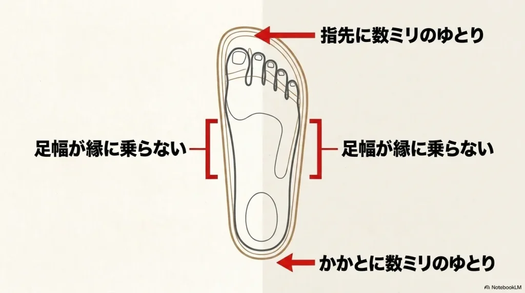 指先とかかとに数ミリのゆとりを持たせ、足幅がフットベッドの縁に乗らないようにする正しいサイズ選びの図