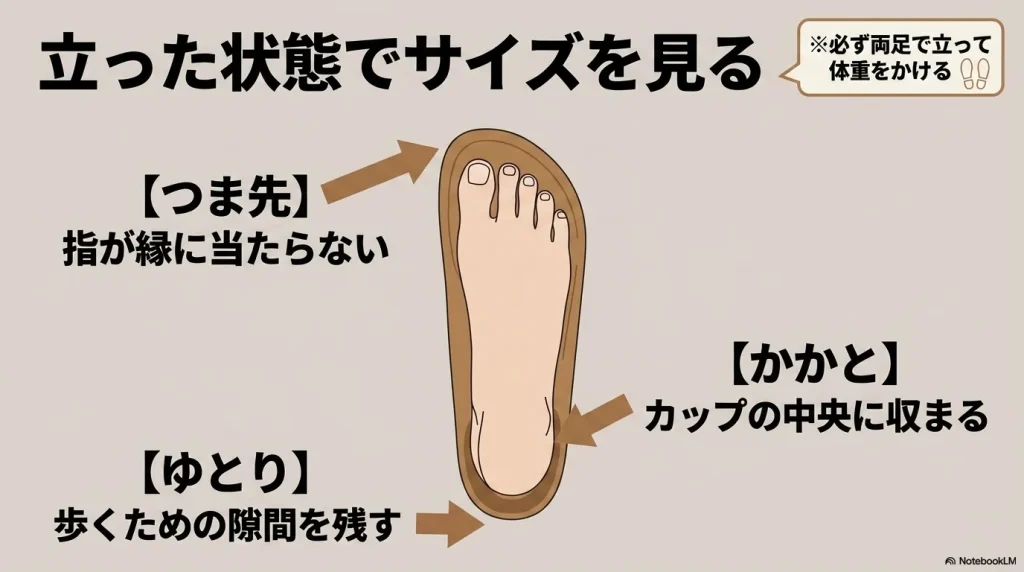 必ず両足で立って体重をかけた状態で、つま先のゆとりやかかとの収まり具合を確認するサイズ選びのポイント