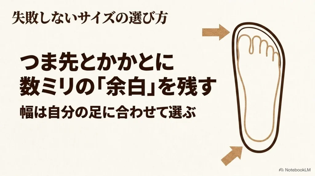 つま先とかかとに数ミリの余白を残し、足幅に合わせて選ぶビルケンシュトックの失敗しないサイズ選びのコツ