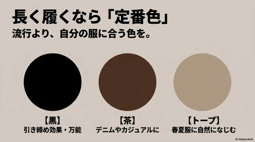流行よりも自分の服に合わせやすい黒、茶、トープといったビルケンシュトックの定番カラーとその効果