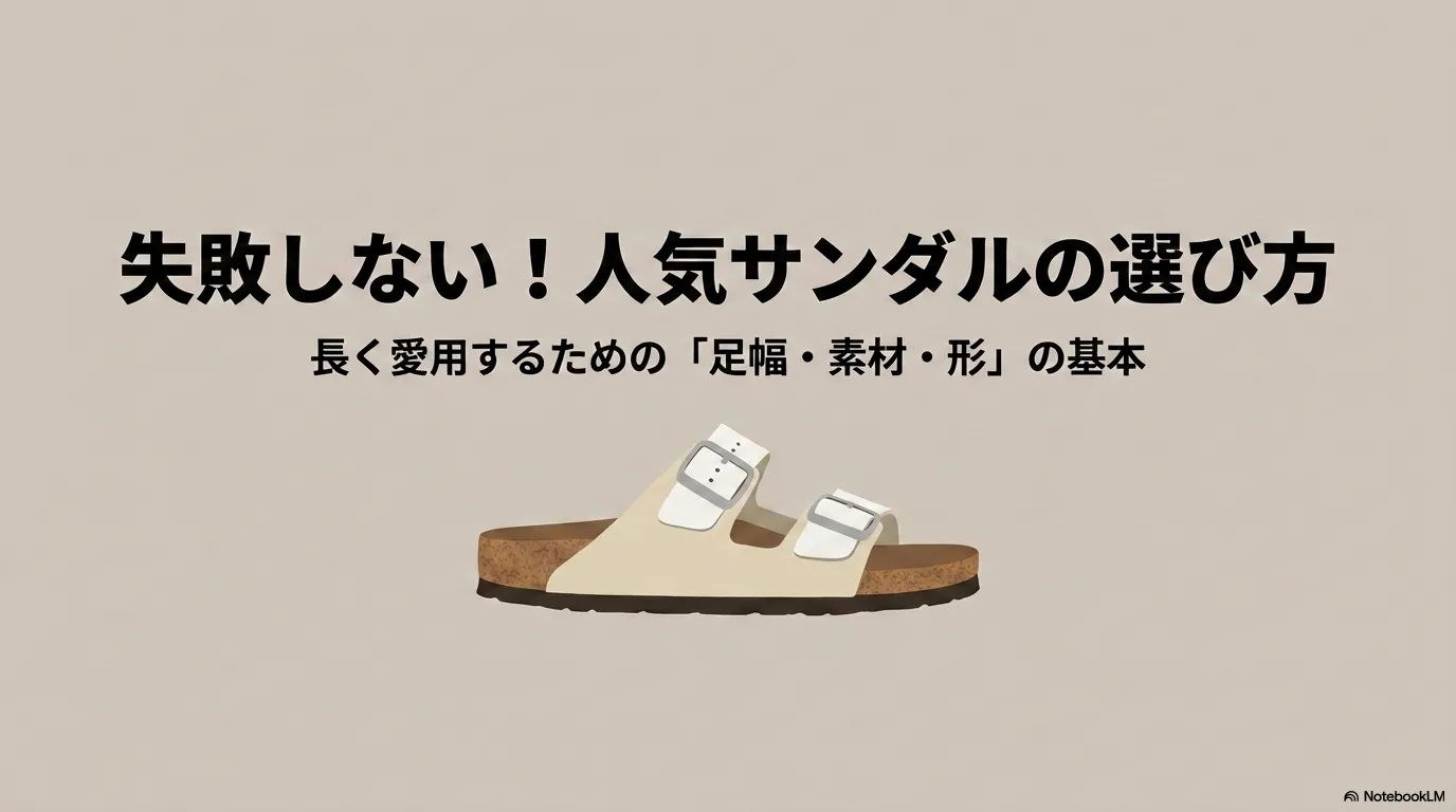 失敗しない人気サンダルの選び方を解説したスライド表紙。白のアリゾナのイラスト。