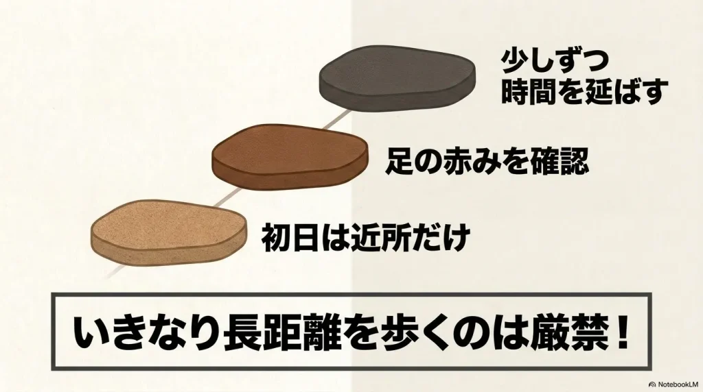 初日は近所だけにし、足の赤みを確認しながら少しずつ時間を延ばすよう注意を促すイラスト