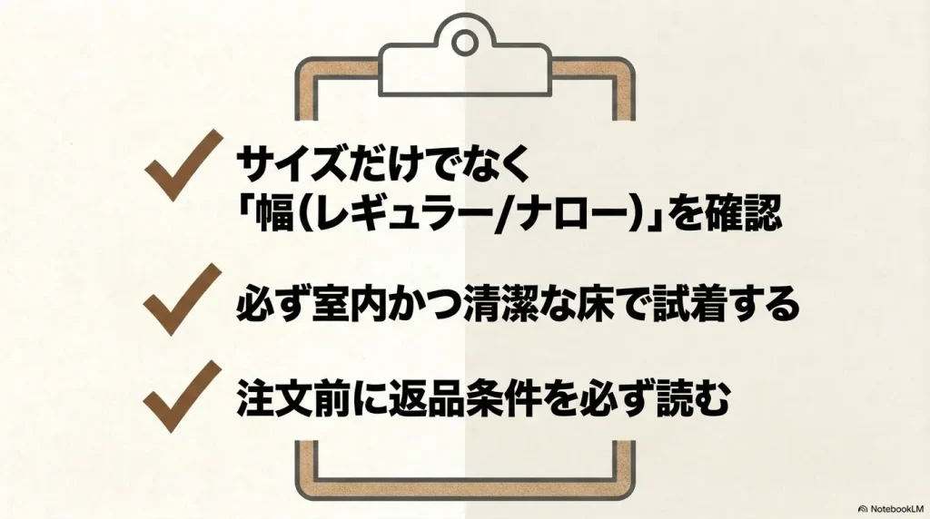 サイズだけでなく幅を確認し、清潔な床で室内試着を行い、注文前に返品条件を必ず読むことを推奨するイラスト