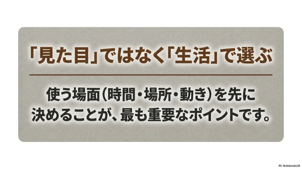 室内履きは見た目ではなく生活で選ぶ。使う場面を先に決めることが重要。
