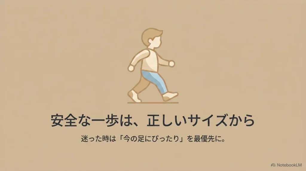 安全な一歩は正しいサイズから、迷った時は今の足にぴったりなサイズを最優先に選ぶ