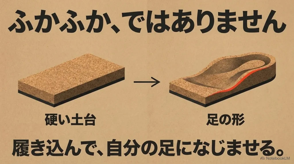 ふかふかではなく硬い土台で足を支え、履き込んで自分の足になじませるフットベッド