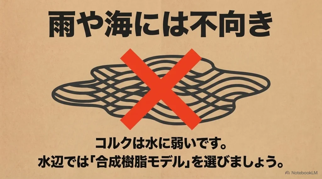 コルクは水に弱いため雨や海には不向き。水辺ではEVAなどの合成樹脂モデルを選ぶ