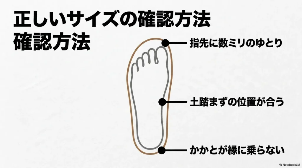 指先のゆとりや土踏まずの位置など正しいサイズの確認方法