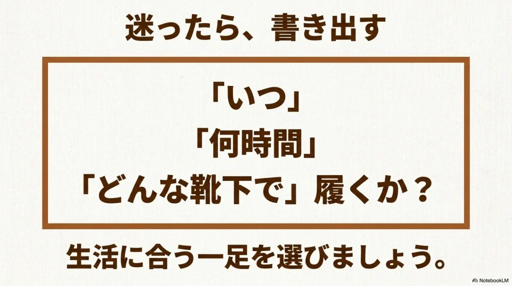 いつ、何時間、どんな靴下で履くかを書き出し、自分の生活に合う一足を選ぶための最終確認イラスト