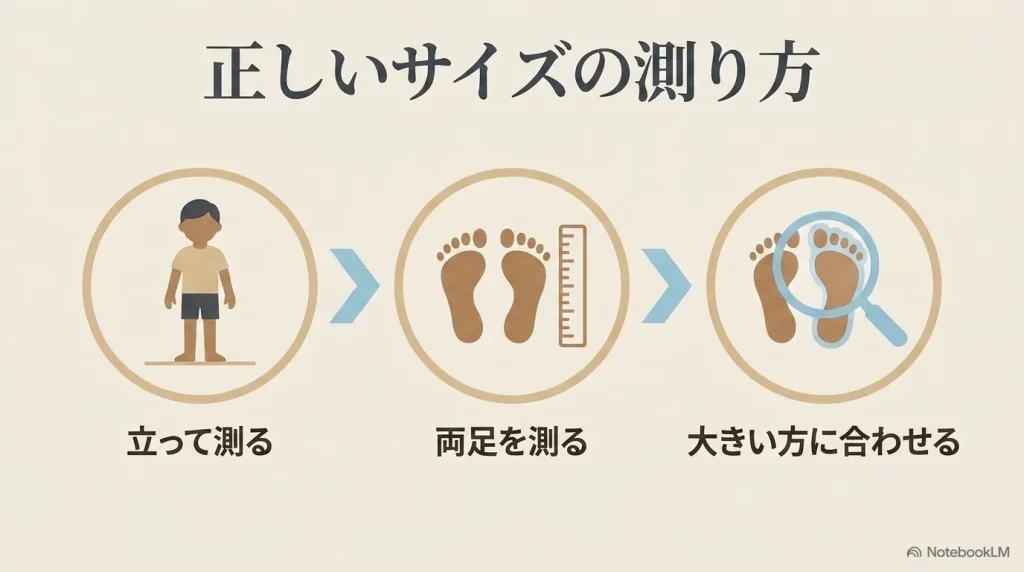 子どもの足は立って両足を測り、大きい方の足にサイズを合わせる