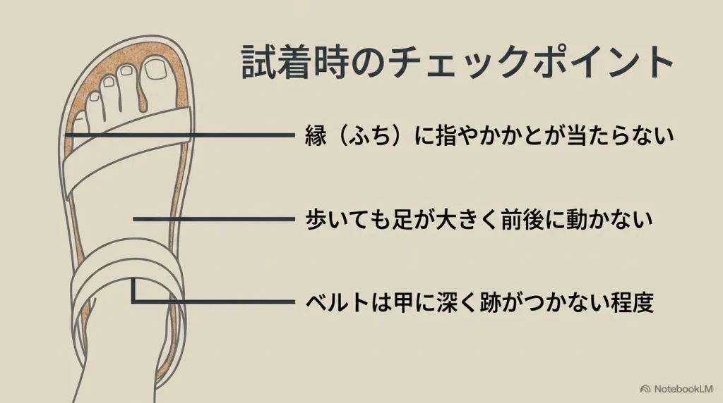 試着時は縁に指やかかとが当たらないか、歩いて足が前後に動かないか、ベルトの跡が深くつかないかを確認する