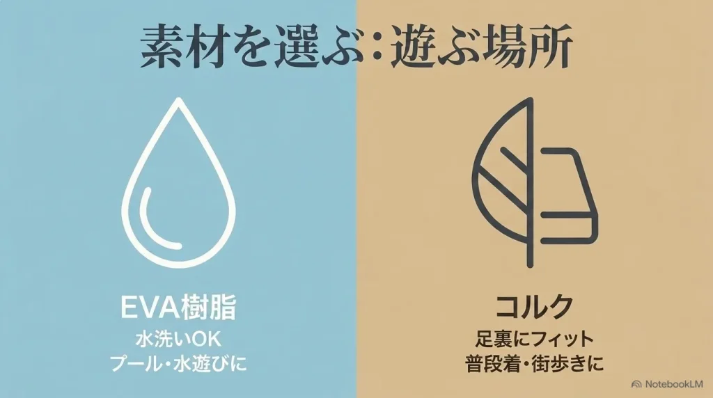 水洗いできるEVA樹脂は水遊び向け、足裏にフィットするコルクは普段着や街歩き向け