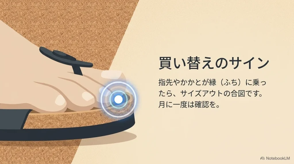 指先やかかとがフットベッドの縁に乗ったらサイズアウトの合図のため月に一度は確認する