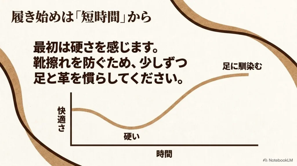 履き始めは短時間から少しずつ足と革を慣らしていくことで快適さが増すレザーサンダルの慣らし方のグラフ