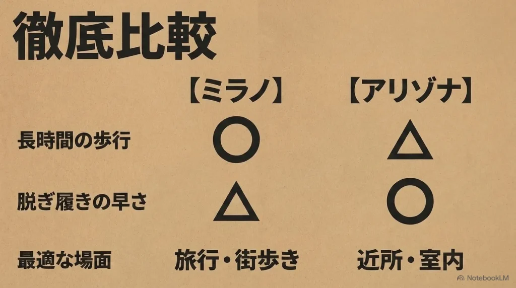 ミラノとアリゾナの長時間の歩行、脱ぎ履きの早さ、最適な場面の徹底比較