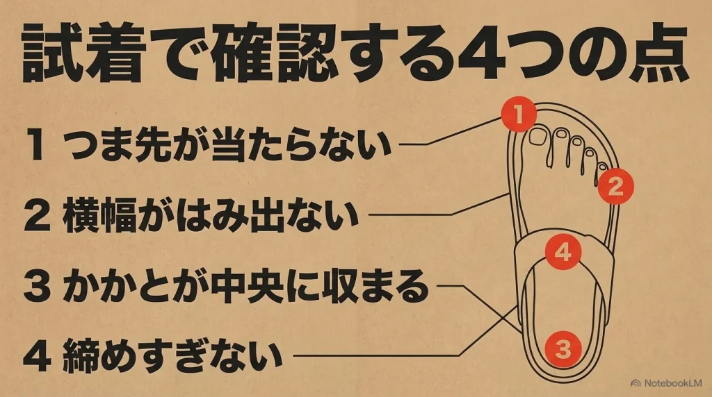 試着で確認する4つの点：つま先が当たらない、横幅がはみ出ない、かかとが中央に収まる、締めすぎない