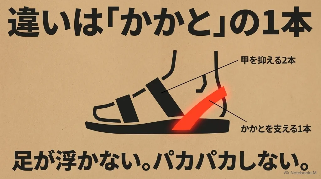アリゾナとの違いはかかとを支える1本。足が浮かずパカパカしない構造