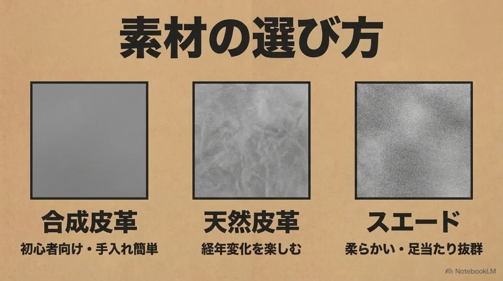 素材の選び方：初心者向けの合成皮革、経年変化を楽しむ天然皮革、柔らかいスエード