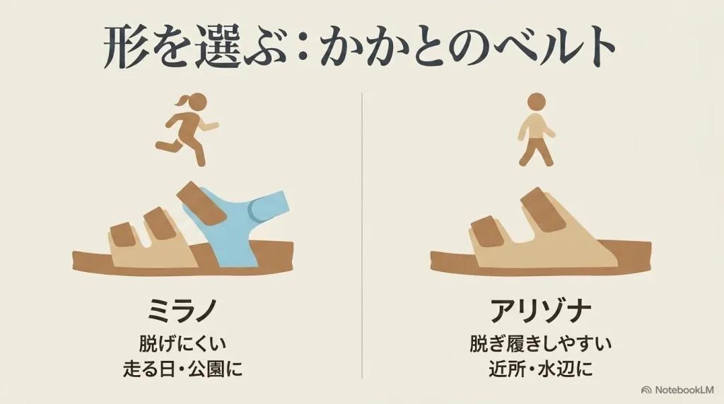 かかとのベルトがあるミラノは走る日や公園向け、ベルトがないアリゾナは脱ぎ履きしやすく近所や水辺向け