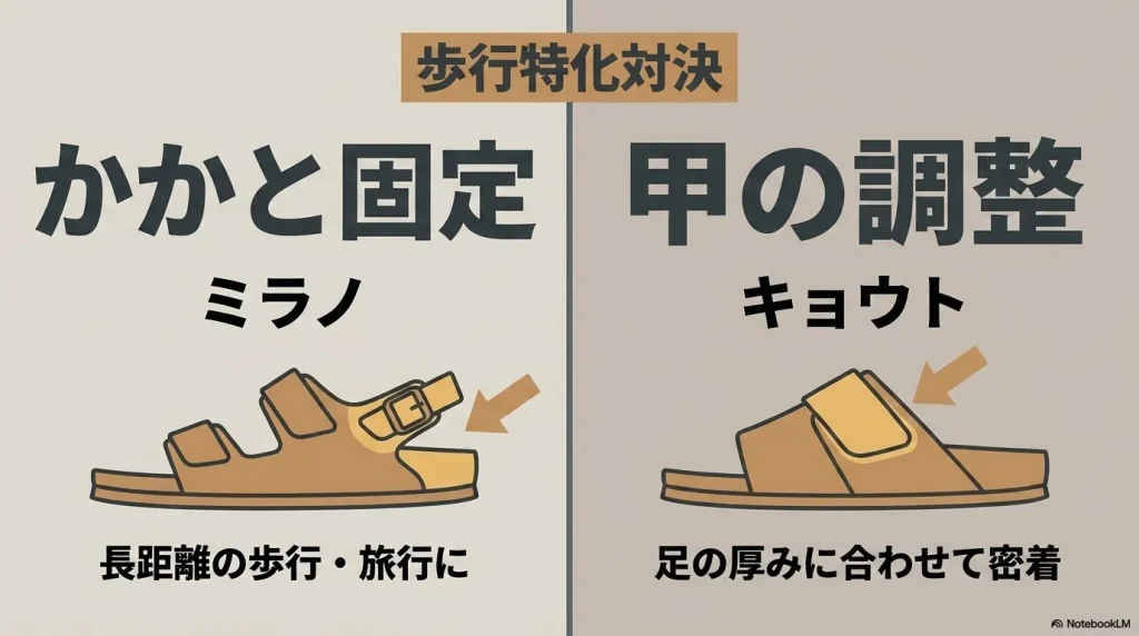 歩行特化対決：かかと固定のミラノと甲の調整のキョウト