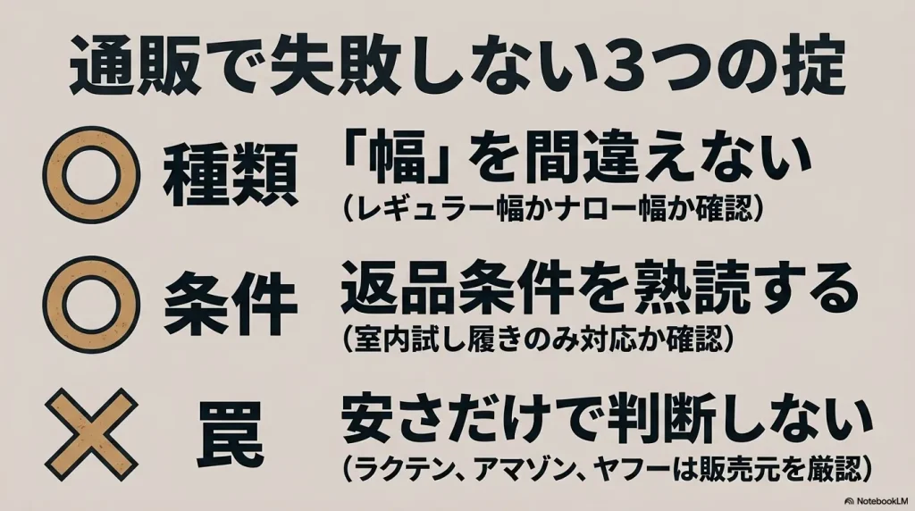 通販で失敗しない3つの掟（種類と幅の確認・返品条件の熟読・安さだけで判断しない）