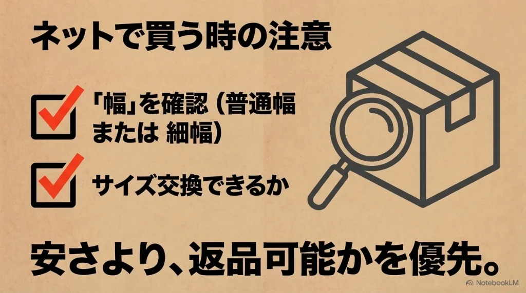 ネットで買う時は幅を確認し、安さよりもサイズ交換や返品が可能かを優先する