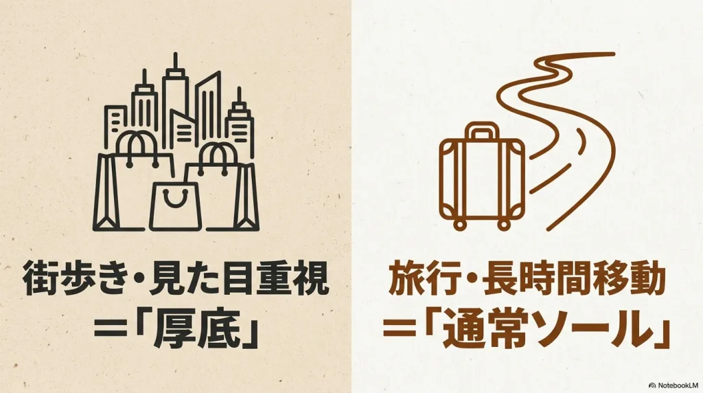 街歩きや見た目重視なら厚底、旅行や長時間移動なら通常ソールをおすすめする選び方のイラスト