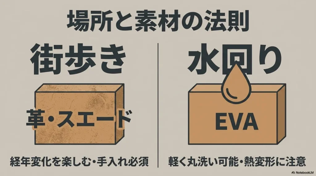 場所と素材の法則：街歩きには革やスエード、水回りにはEVA素材