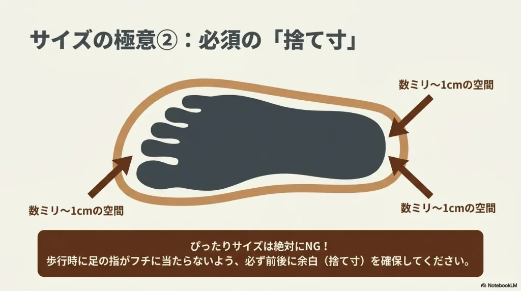サイズの極意その2、必須の「捨て寸」。歩行時に指がフチに当たらないよう、つま先とかかとに数ミリから1cmの空間が必要であるという図解