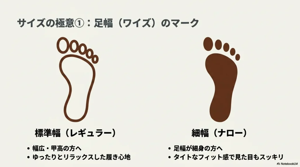 サイズの極意その1、足幅（ワイズ）のマーク。標準幅（レギュラー）と細幅（ナロー）の見分け方と特徴サイズの極意その1、足幅（ワイズ）のマーク。標準幅（レギュラー）と細幅（ナロー）の見分け方と特徴