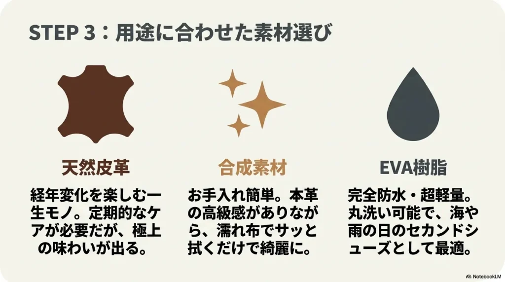 STEP3 用途に合わせた素材選び。天然皮革、合成素材（ビルコフロー）、EVA樹脂それぞれの特徴と選び方の図解