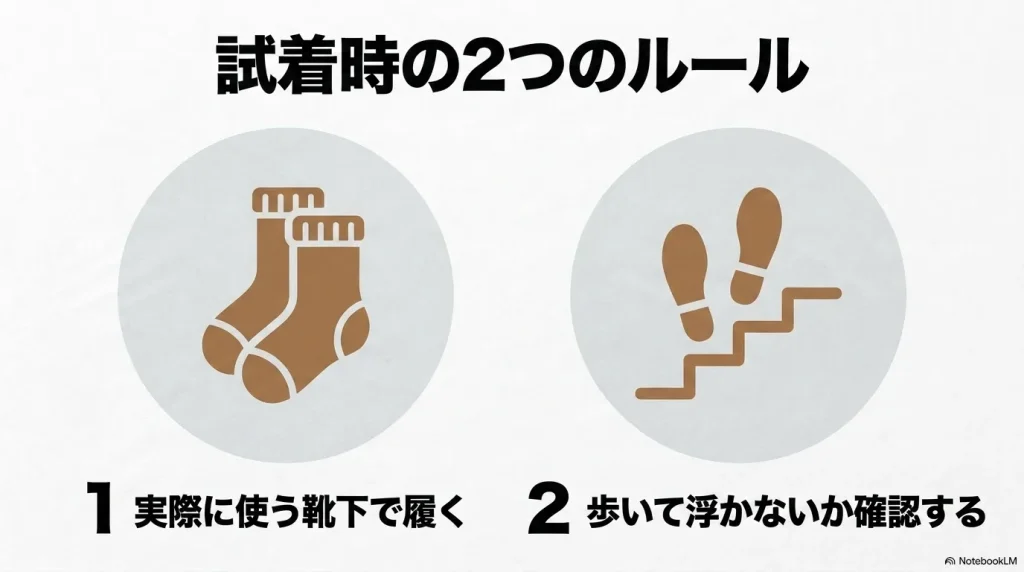実際に使う靴下で履くことと歩いて浮かないか確認する試着時の2つのルール  