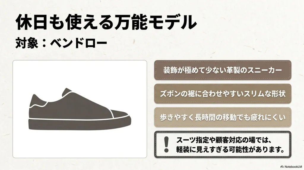 ベンドローなど、スニーカー通勤や休日にも使える装飾の少ない革製スニーカーのシルエット