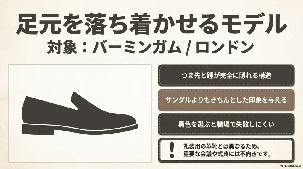 バーミンガムやロンドンなど、ジャケパン通勤に適したつま先と踵が隠れる靴のシルエット