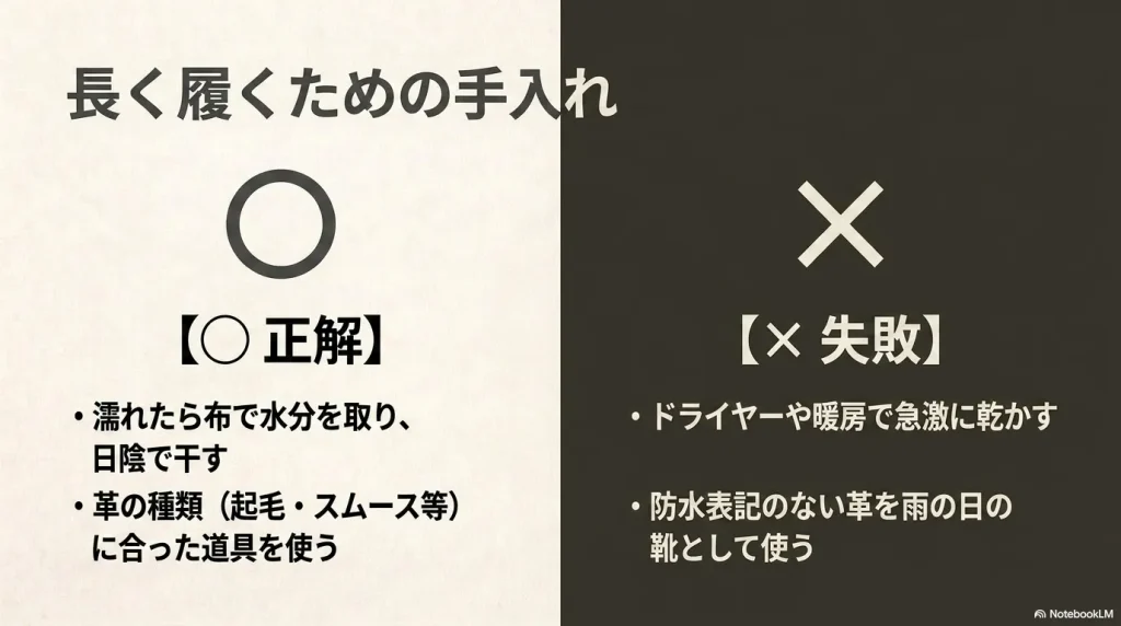 陰干しや革の種類に合った道具を使う正しいブーツの手入れと、ドライヤーの急激な乾燥などの失敗例