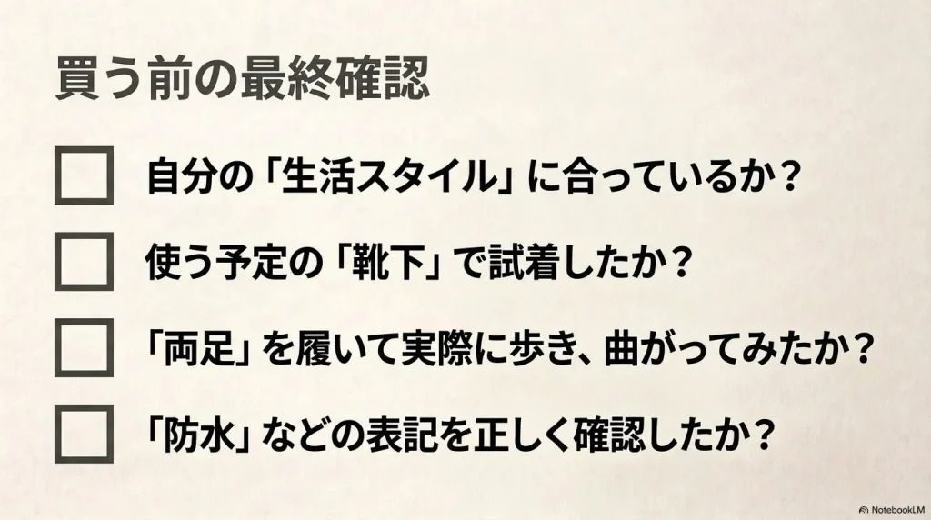 生活スタイルへの適合や使う靴下での試着など、ブーツを買う前の4つの最終確認リスト