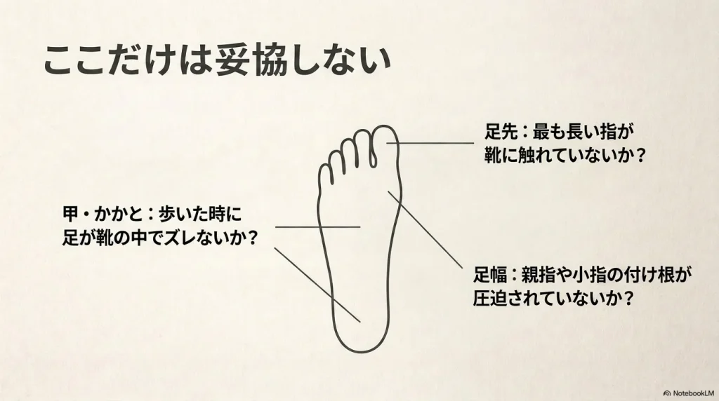 試着時に確認すべき足先、足幅、甲・かかとの位置を示す図解と妥協しないポイント