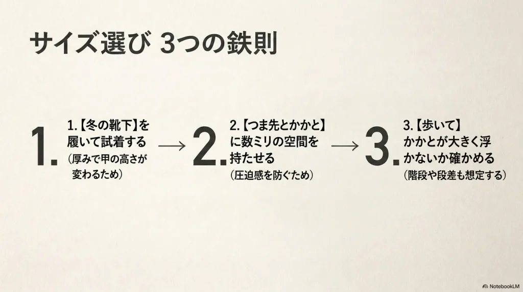 冬用靴下での試着、つま先とかかとの空間確保、歩行時の確認というブーツのサイズ選び3つの鉄則